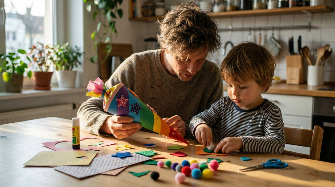 Vater und Kind basteln gemeinsam eine bunte Schultüte mit Pompons und Filz am Küchentisch