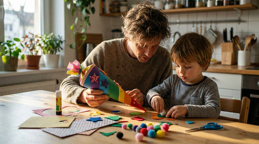 Vater und Kind basteln gemeinsam eine bunte Schultüte mit Pompons und Filz am Küchentisch