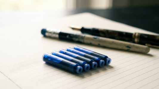 Blaue Tintenpatronen und ein Füller auf liniertem Papier