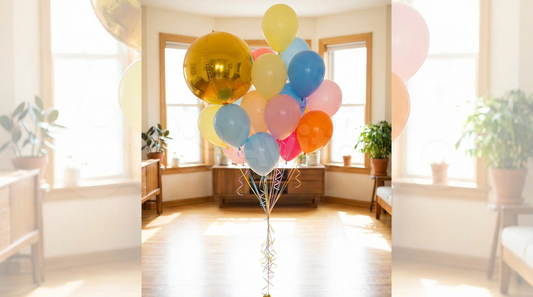 Bunte Heliumballons mit goldenem Folienballon schweben in einem hellen Raum