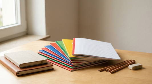 Stapel bunter Schulhefte mit linierten und karierten Seiten neben Stiften auf einem Schreibtisch