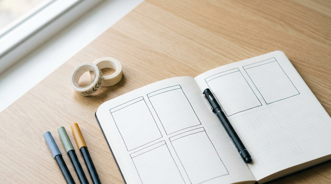 Aufgeschlagenes Bullet Journal mit Punktraster, Stiften und Washi-Tape