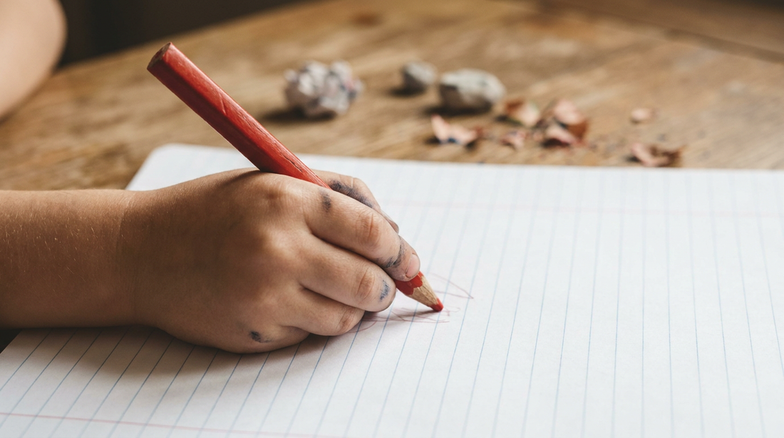 Linke Kinderhand schreibt mit einem dicken Buntstift auf liniertem Schulpapier