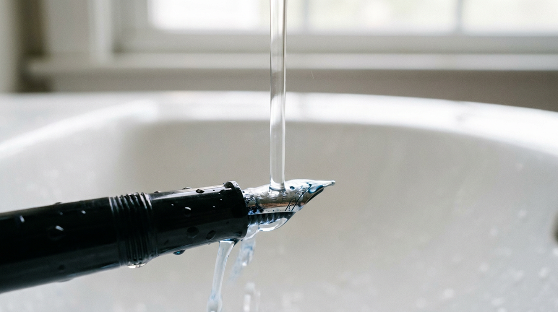 Füllerfeder wird unter klarem Wasser im Waschbecken gereinigt