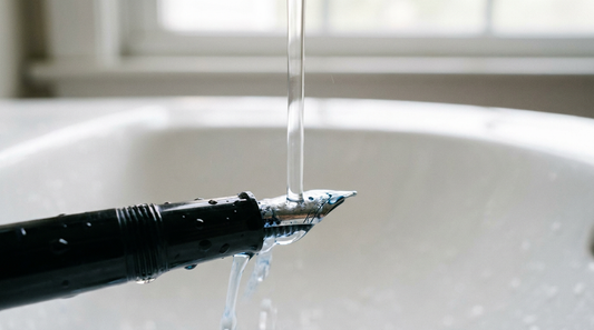 Füllerfeder wird unter klarem Wasser im Waschbecken gereinigt