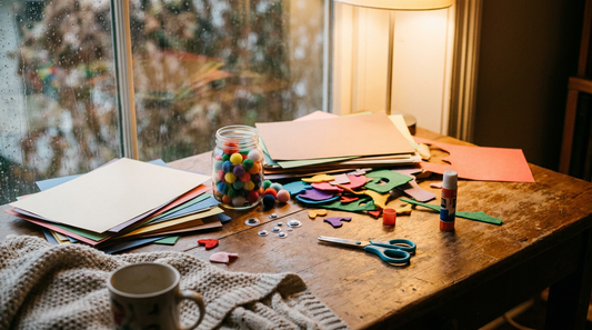 Basteltisch mit buntem Papier, Pompons und Schere an einem Regentag